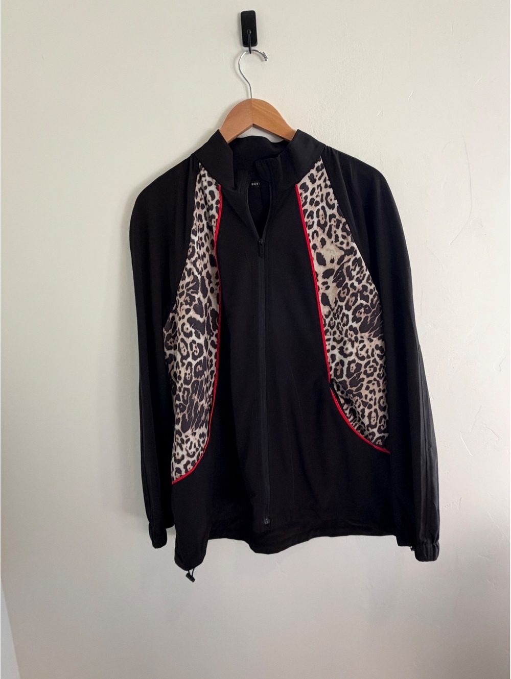 Boston Proper Black Leopard Print Zip Jacket Women’s L/XL Red Trim